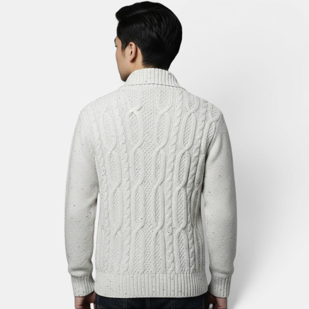 Allzom men's light grey cable knit jacket with a textured jacquard pattern and shawl collar.