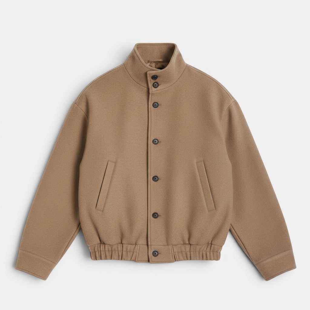 Allzom Men's camel wool blend bomber jacket with button closure and elasticated hem.
