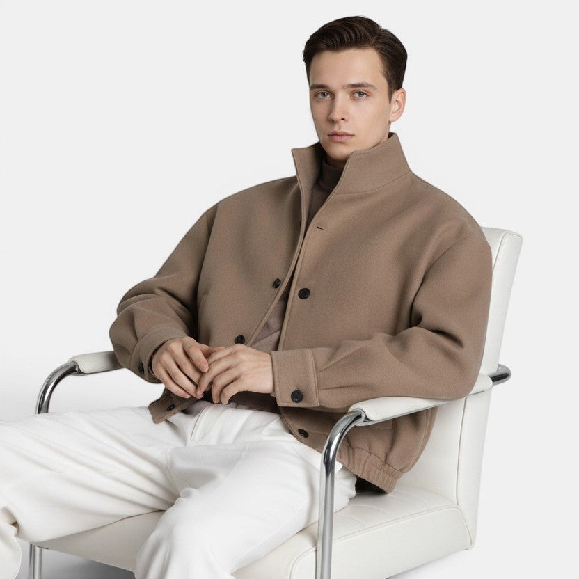 Allzom Men's fashion-forward camel wool blend coat with a high collar and black button details.
