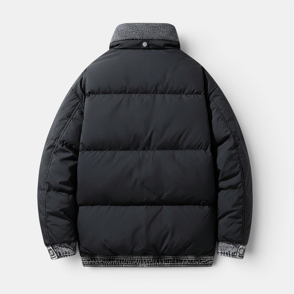 Allzom Men's Casual Down Jacket in black with grey textured collar and cuffs. Lightweight insulation for winter.