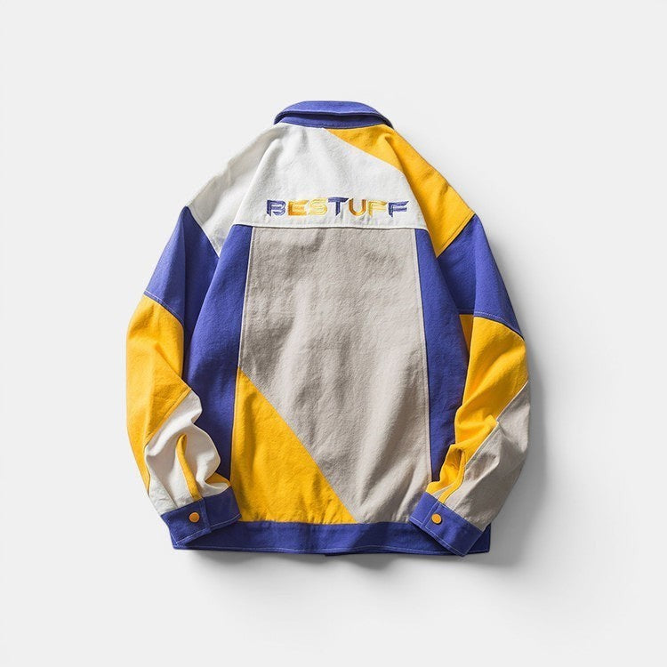 Allzom Men's loose-fit casual jacket in colour-block yellow, blue, grey and white with embroidered text on the back.