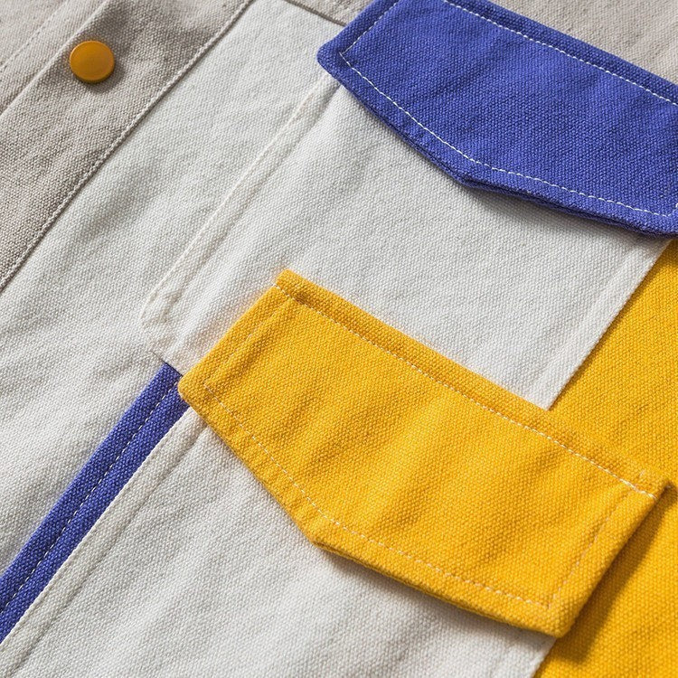Allzom men's loose fit jacket in beige, white, blue, and yellow colour block design with button detail.