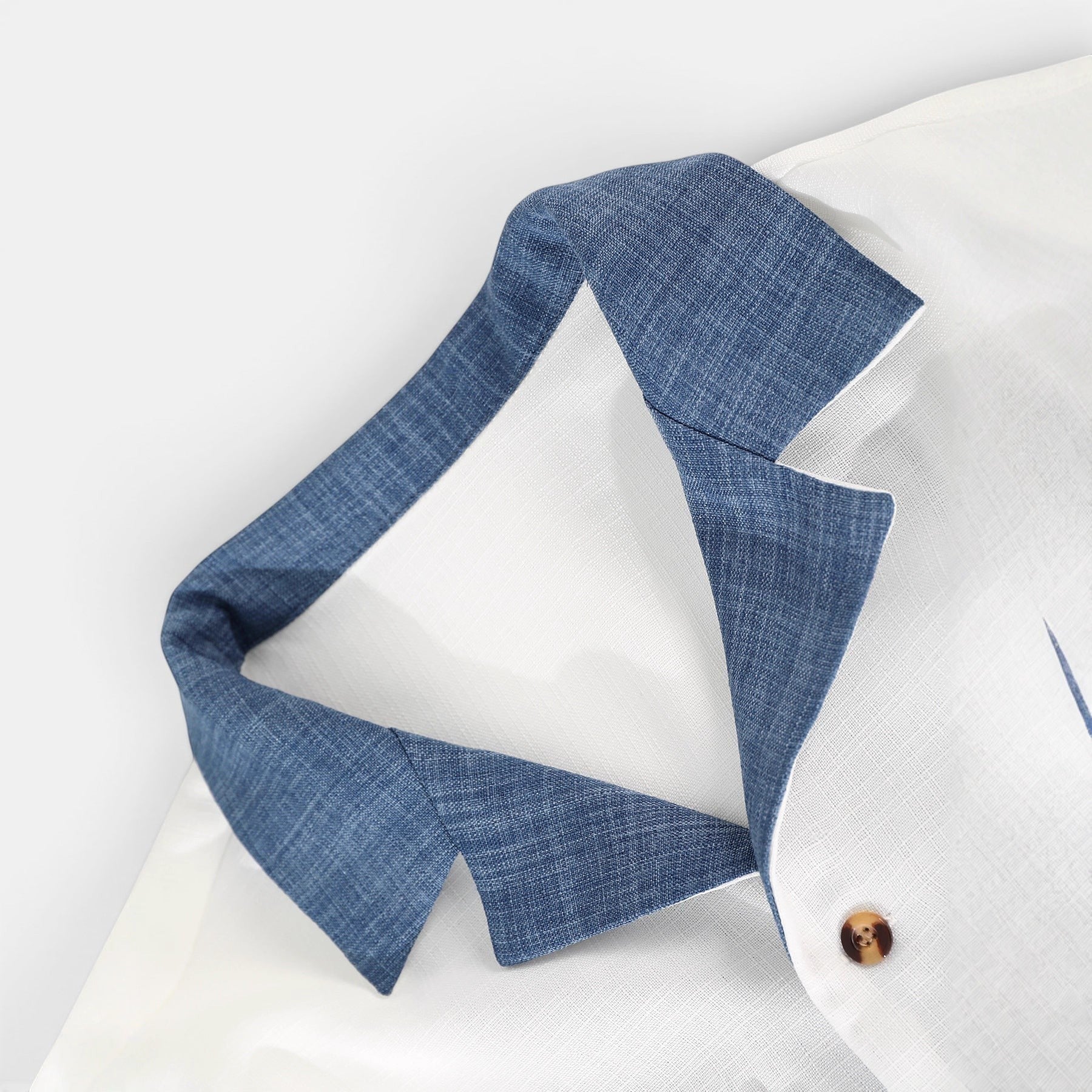 Allzom Men's creative casual suit coat set in white with blue denim collar detail and button.