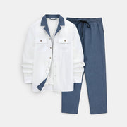 Allzom Men's white casual suit coat set with blue collar and blue textured trousers.