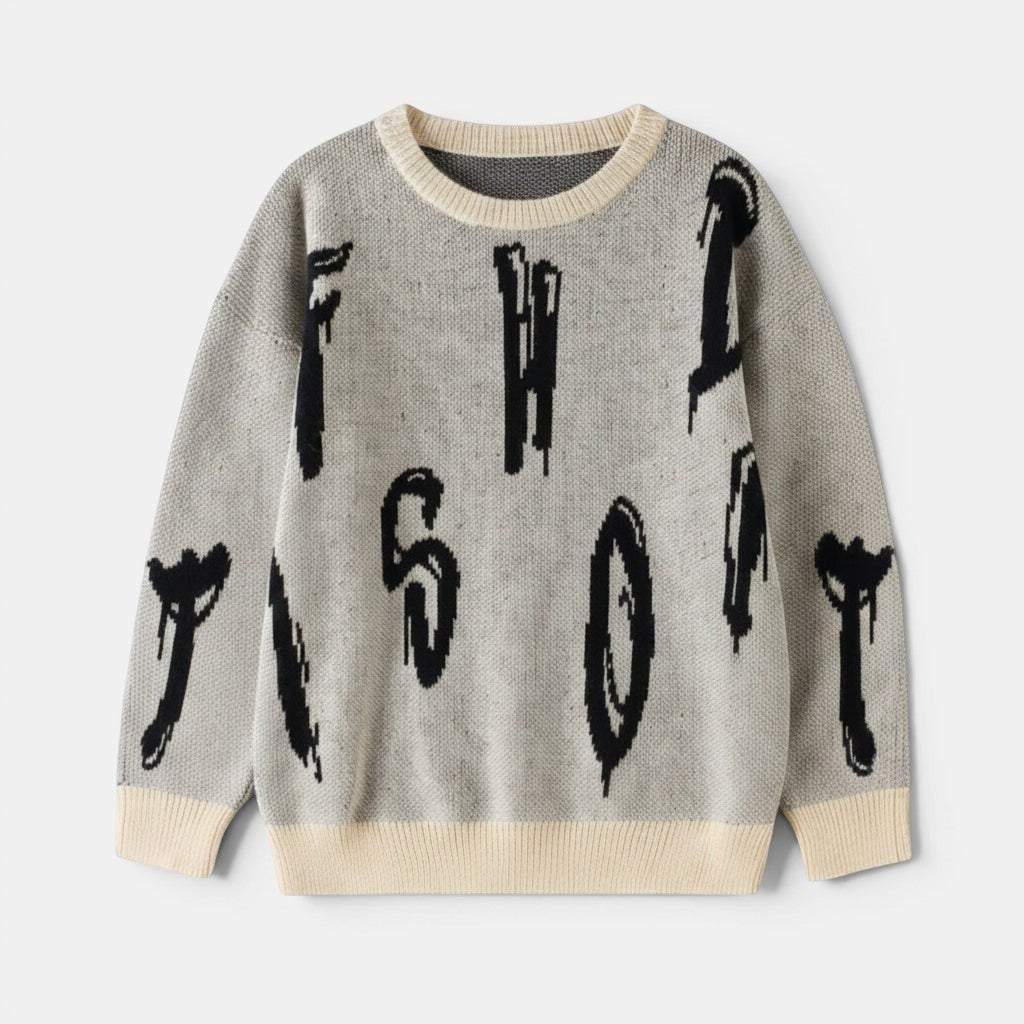 Allzom men's casual grey knit sweater with cream trim and black graffiti-style lettering.