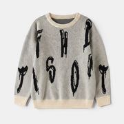 Allzom men's casual grey knit sweater with cream trim and black graffiti-style lettering.