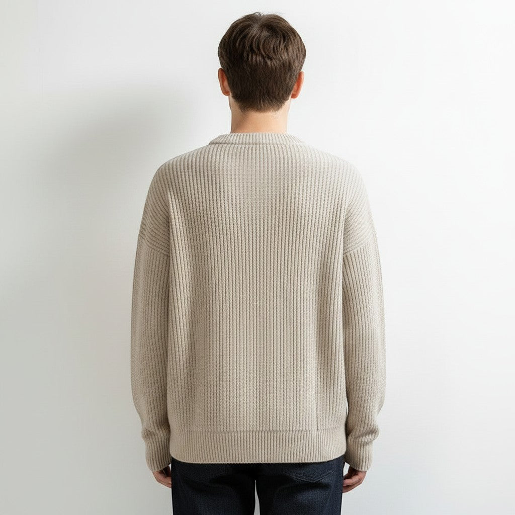 Allzom men's beige chunky-knit crew-neck sweater with ribbed texture. Model from behind.