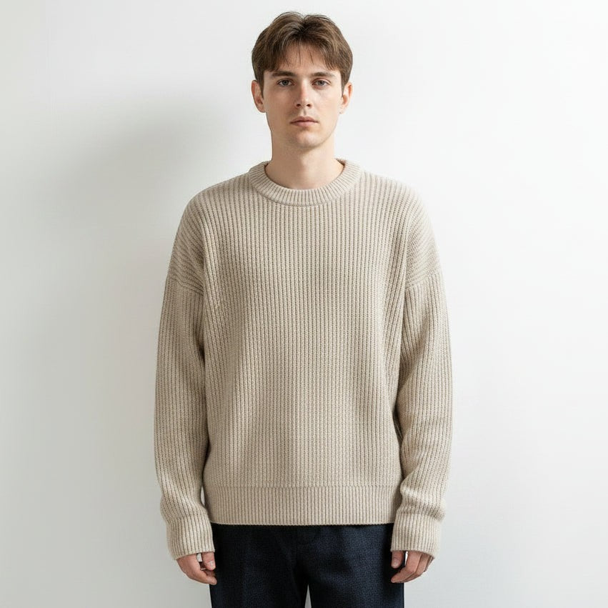 Allzom Men's beige chunky-knit crew-neck sweater with ribbed texture and relaxed fit.