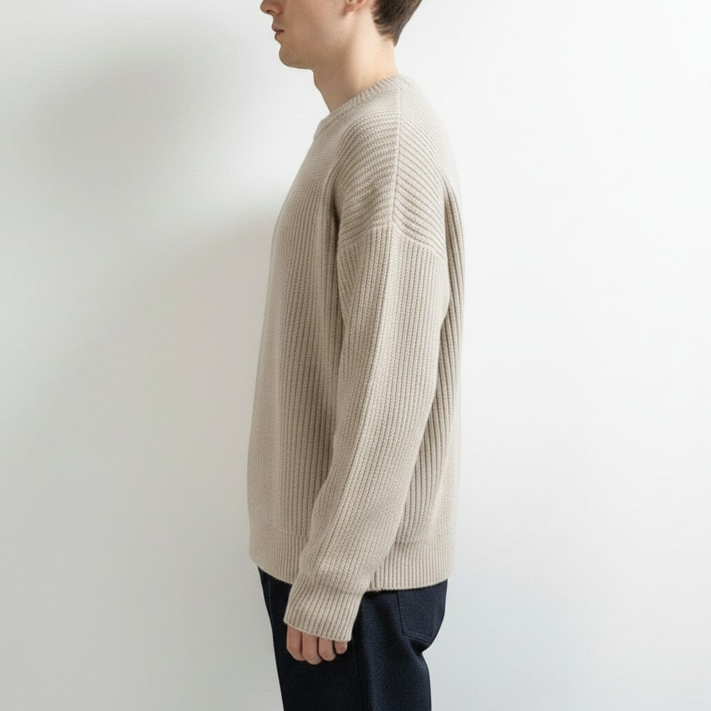 Allzom men's beige chunky-knit crew-neck sweater with ribbed texture and relaxed fit.