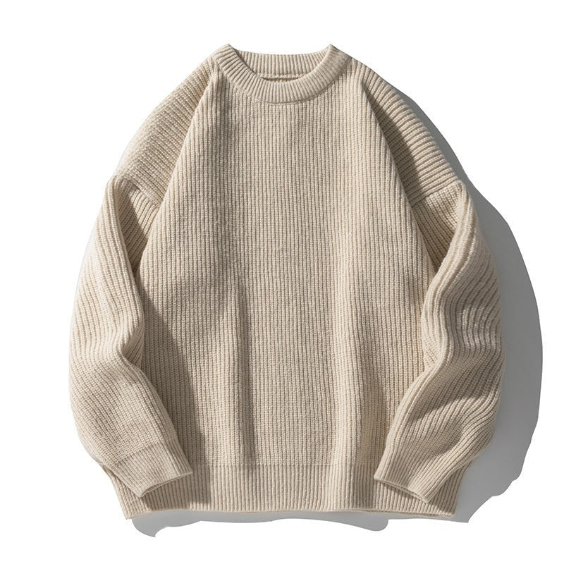 Allzom men's cream chunky-knit crew-neck sweater with ribbed cuffs and hem. Thick, warm, and textured knit.