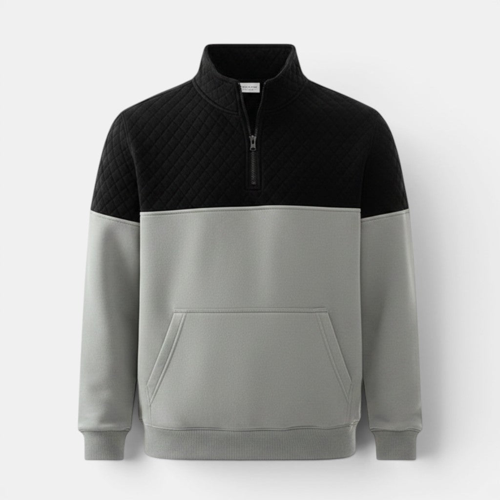 Allzom men's black quilted upper hoodie with grey lower half and kangaroo pocket. Long sleeve.
