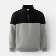 Allzom men's black quilted upper hoodie with grey lower half and kangaroo pocket. Long sleeve.