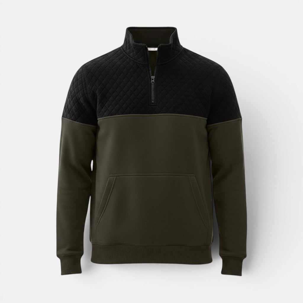Allzom Men's casual hoodie with black quilted upper and olive green lower, featuring a zip neck and kangaroo pocket.