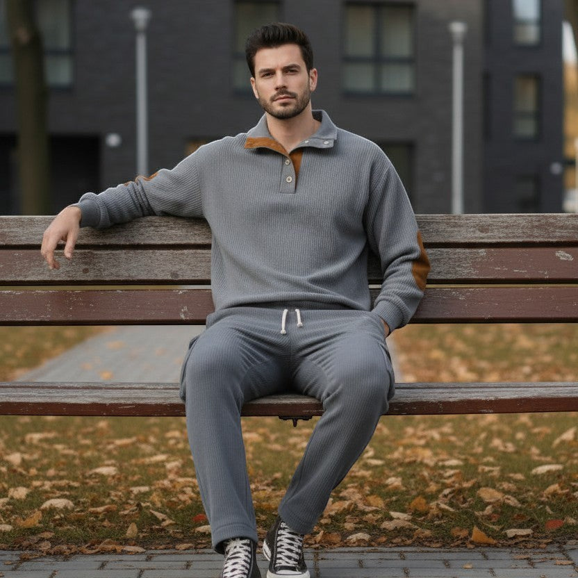 Allzom Men's grey corduroy sweatshirt and sweatpants set with stand collar and brown elbow patches.