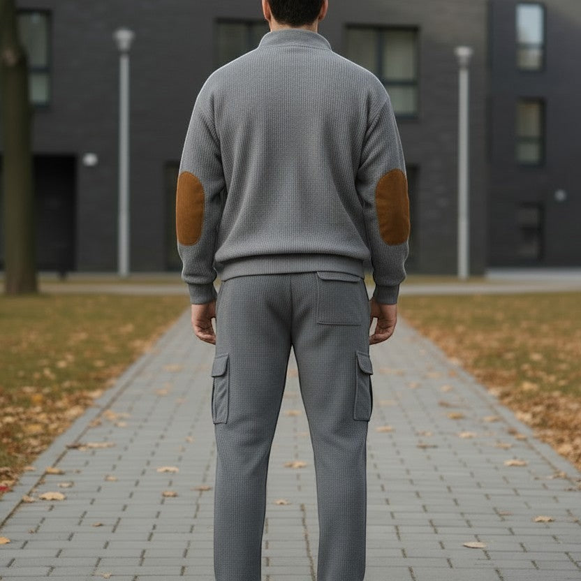 Allzom Men's grey corduroy sweatshirt set with stand collar and elbow patches, matching cargo pants.