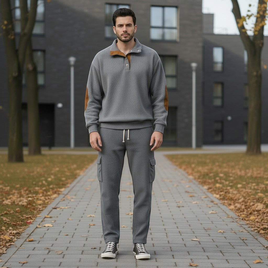 Allzom Men's grey corduroy sweatshirt and sweatpants set with stand collar pullover and elbow patches.