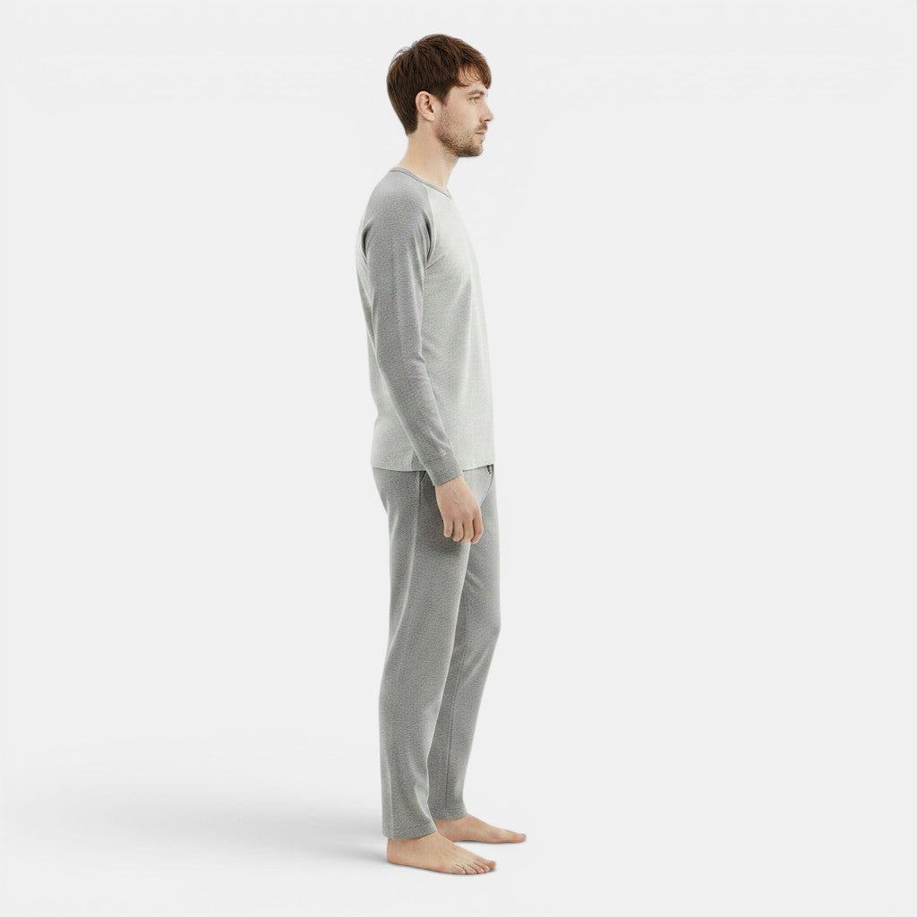 Allzom Men's grey 100% cotton thermal underwear set with long sleeves and trousers. Antibacterial and breathable.