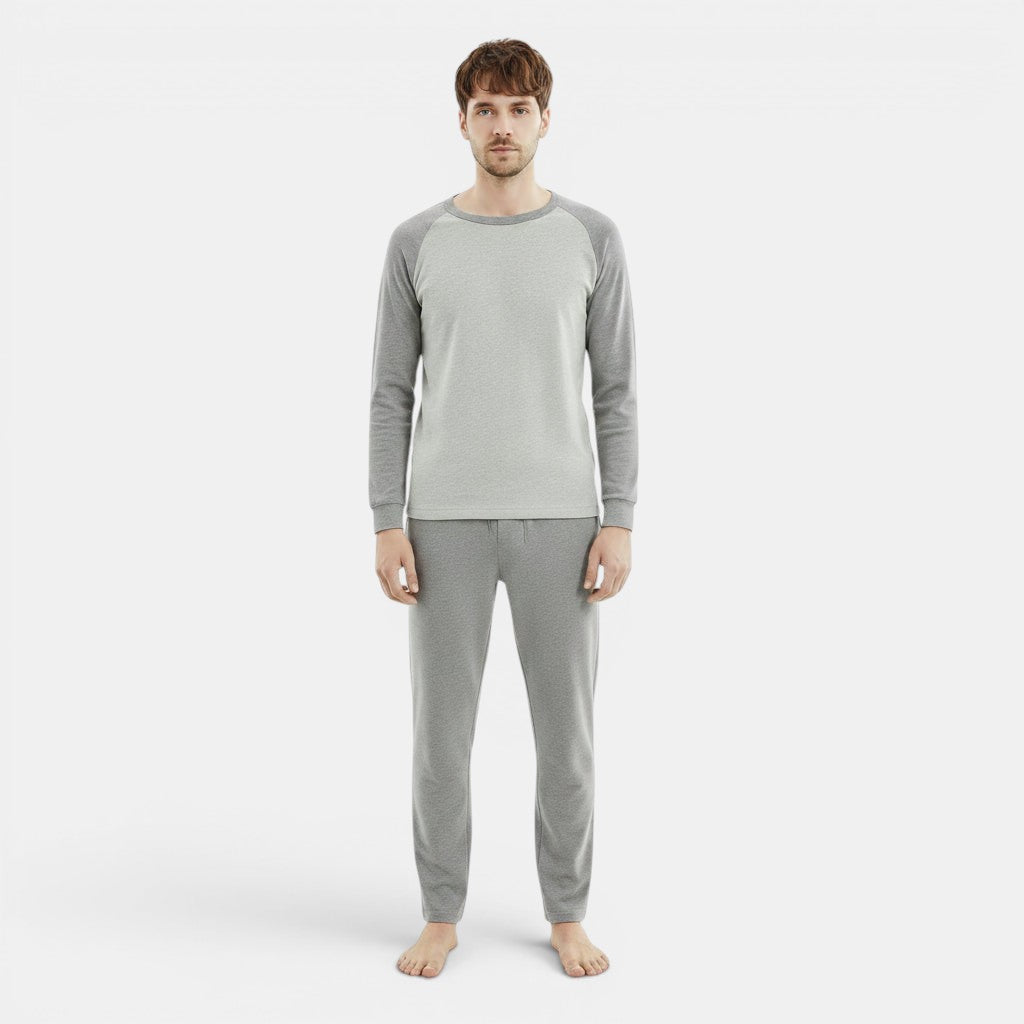 Allzom Men's 100% cotton thermal underwear set in grey, featuring a long-sleeved top with raglan sleeves and matching trousers.