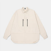 Allzom Men's cream long sleeve shirt jacket with zipper pockets and button closure. Lightweight and versatile.