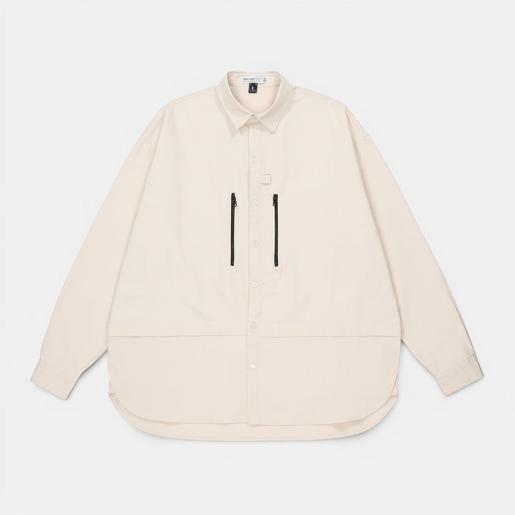 Allzom Men's cream long sleeve shirt jacket with zipper pockets and button closure. Lightweight and versatile.