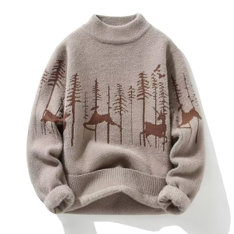 Allzom bege bege sweater com padrão de floresta e veados, gola alta meia, malha de outono/inverno.