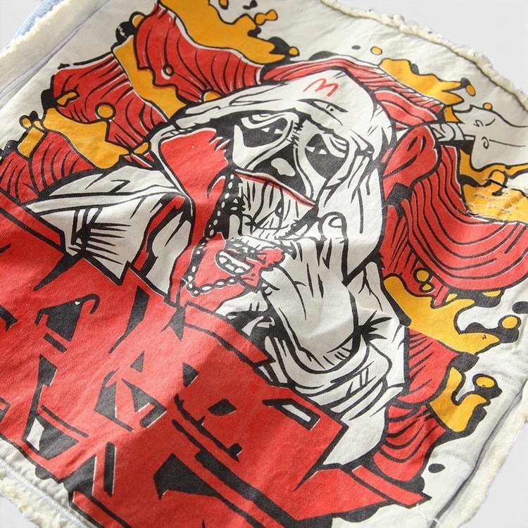 Allzom men's denim jacket with a graphic print of a skull and red lettering, ideal for spring and autumn.