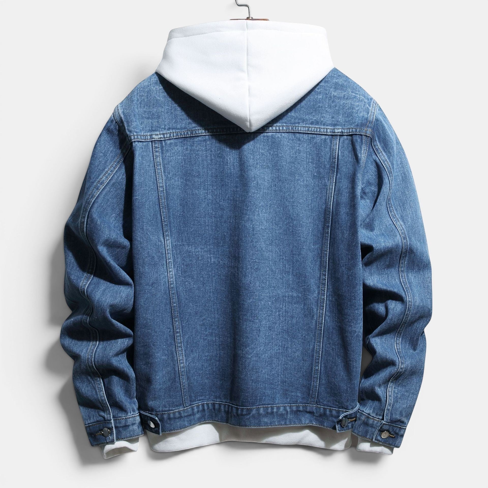Allzom Men's blue denim jacket shirt with white hood, premium denim fabric, shirt-style construction.