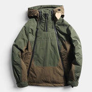 Allzom Men's green and brown double zipper down jacket with hood and casual fit.