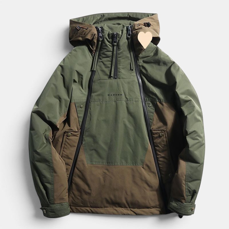 Allzom Men's green and brown double zipper down jacket with hood and casual fit.