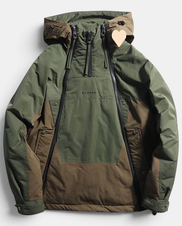 Allzom Men's green and brown double zipper down jacket with hood and casual fit.