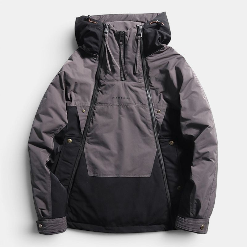 Allzom men's grey and black double zipper down jacket with hood, casual fit, streetwear style.