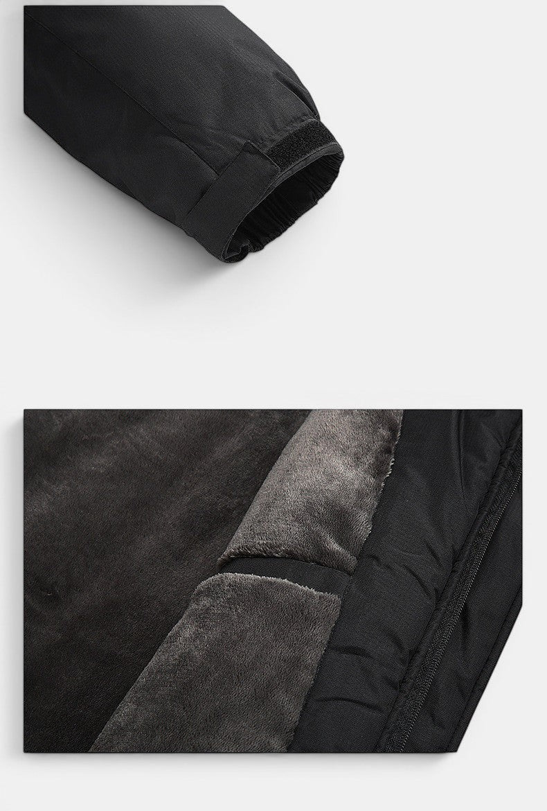 Allzom Men's black cotton outdoor jacket with plus fleece lining and adjustable velcro cuffs.