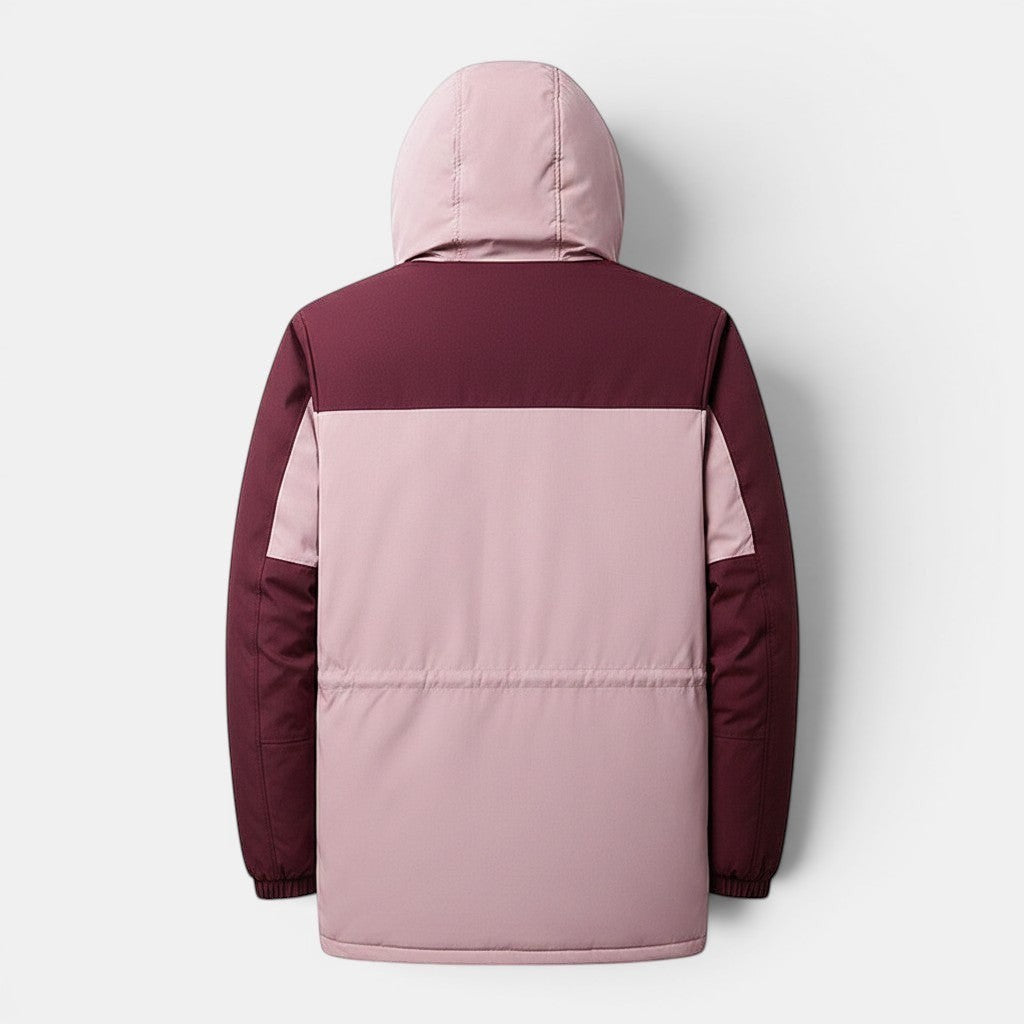 Allzom men's plus fleece lined cotton outdoor jacket in burgundy and pink with hood. Designed for warmth and durability.