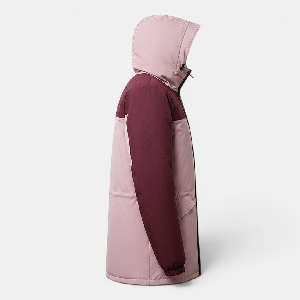 Allzom men's plus fleece lined cotton outdoor jacket in pink and burgundy with hood.