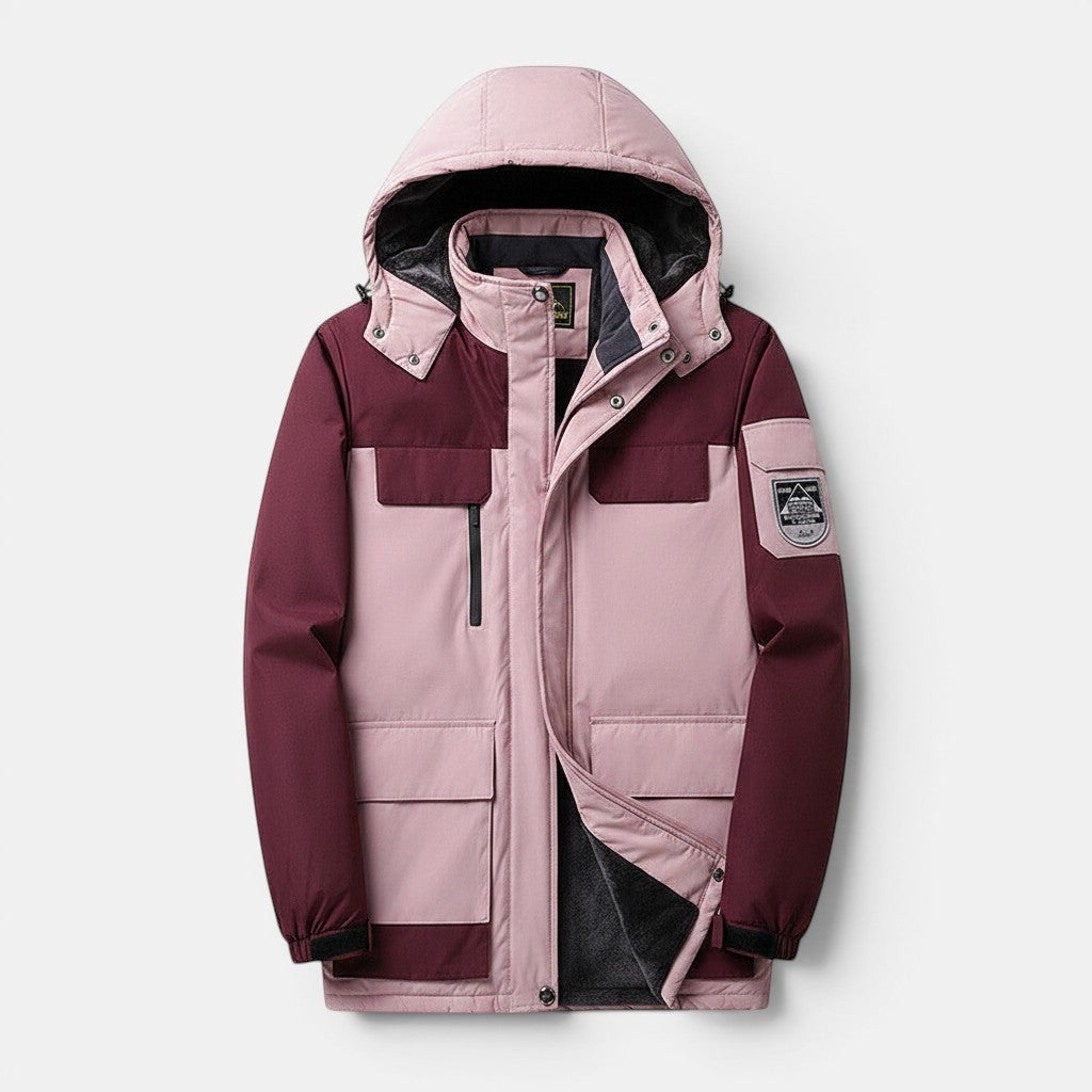 Allzom men's pink and burgundy cotton outdoor jacket with fleece lining and hood. Features multiple pockets.