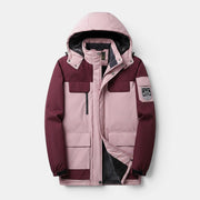 Allzom men's pink and burgundy cotton outdoor jacket with fleece lining and hood. Features multiple pockets.