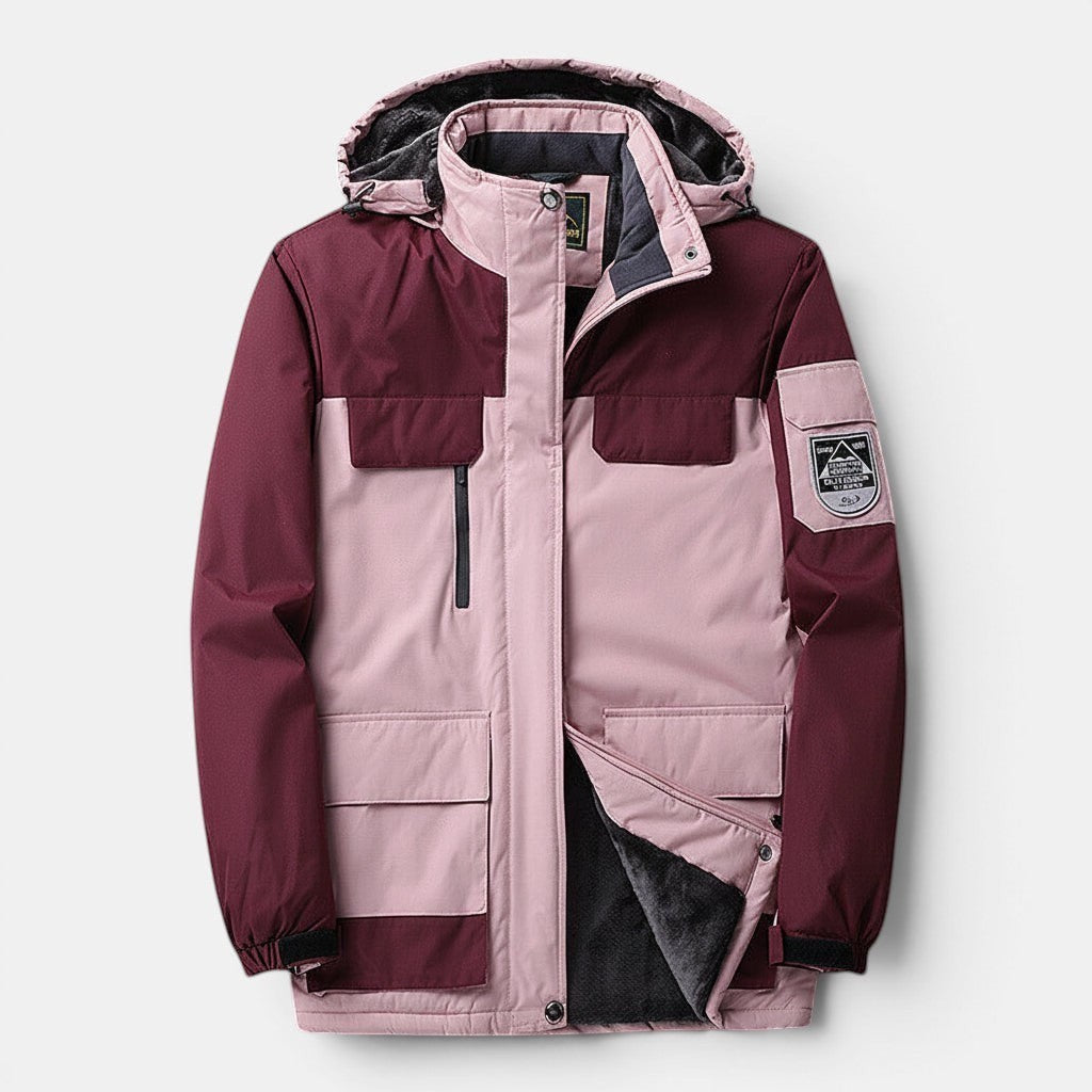 Allzom men's plus fleece lined cotton outdoor jacket in pink and burgundy with multiple pockets and a hood.