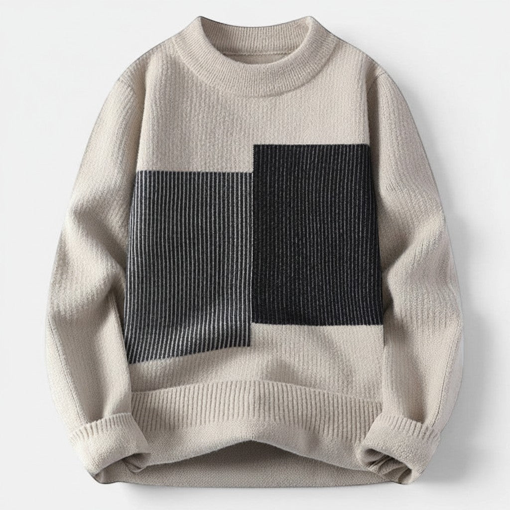 Allzom men's beige knit sweater with black geometric panel detail and ribbed cuffs and hem. Fall/Winter.