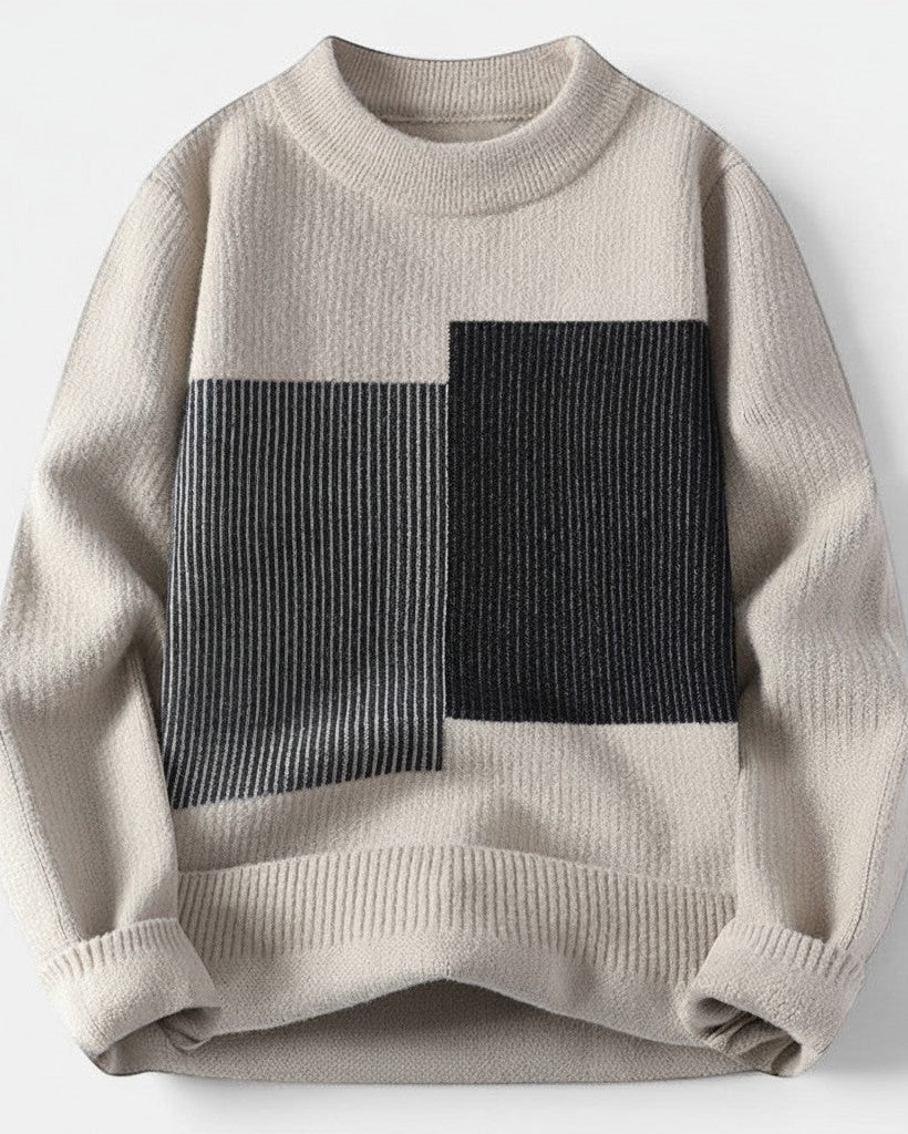 Allzom men's beige knit sweater with black geometric panel detail and ribbed cuffs and hem. Fall/Winter.