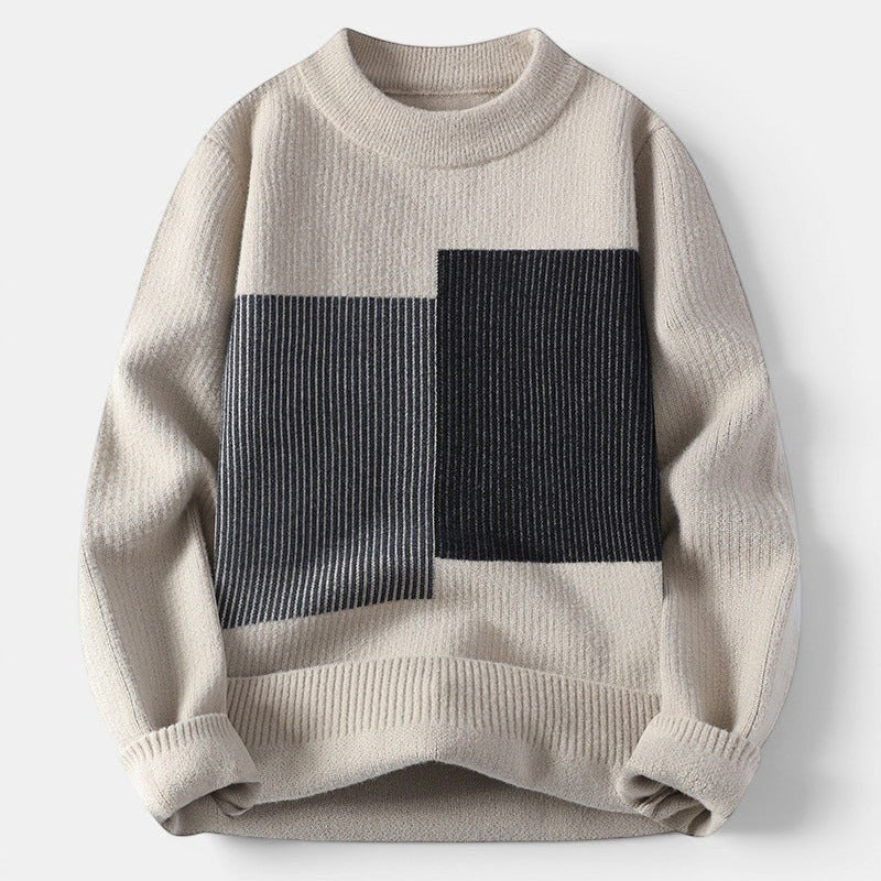Allzom men's beige knit sweater with geometric black and grey panel design. Relaxed fit, ideal for autumn/winter.