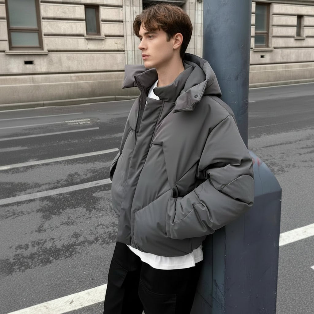 Allzom Men's gray loose fit puffer jacket with hood, polyester lining, ideal for daily wear.