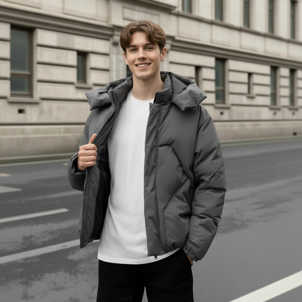 Allzom Men's gray puffer jacket with loose fit, polyester lining, suitable for daily wear.