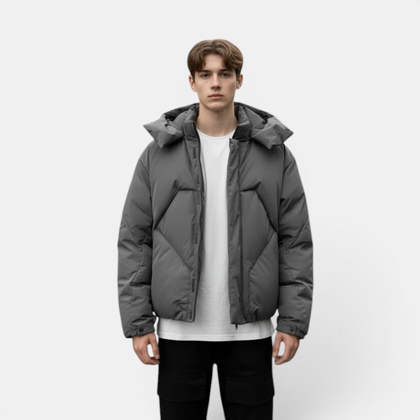 Allzom Men's gray puffer jacket with loose fit, polyester lining, and synthetic fiber blend fabric for daily wear.