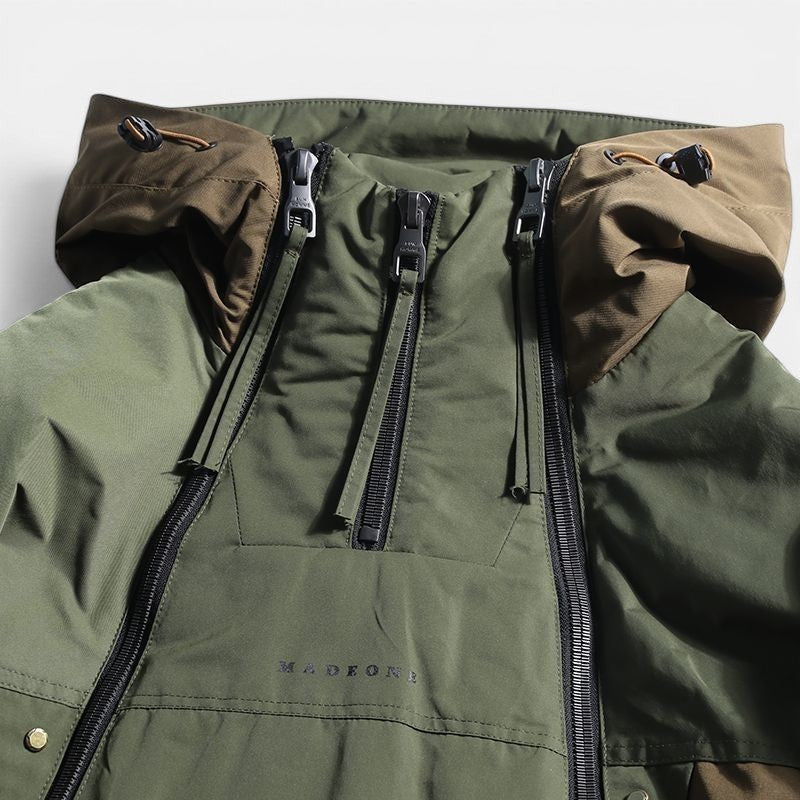 Allzom Men's green double zipper down jacket with contrasting brown hood and adjustable drawstrings.