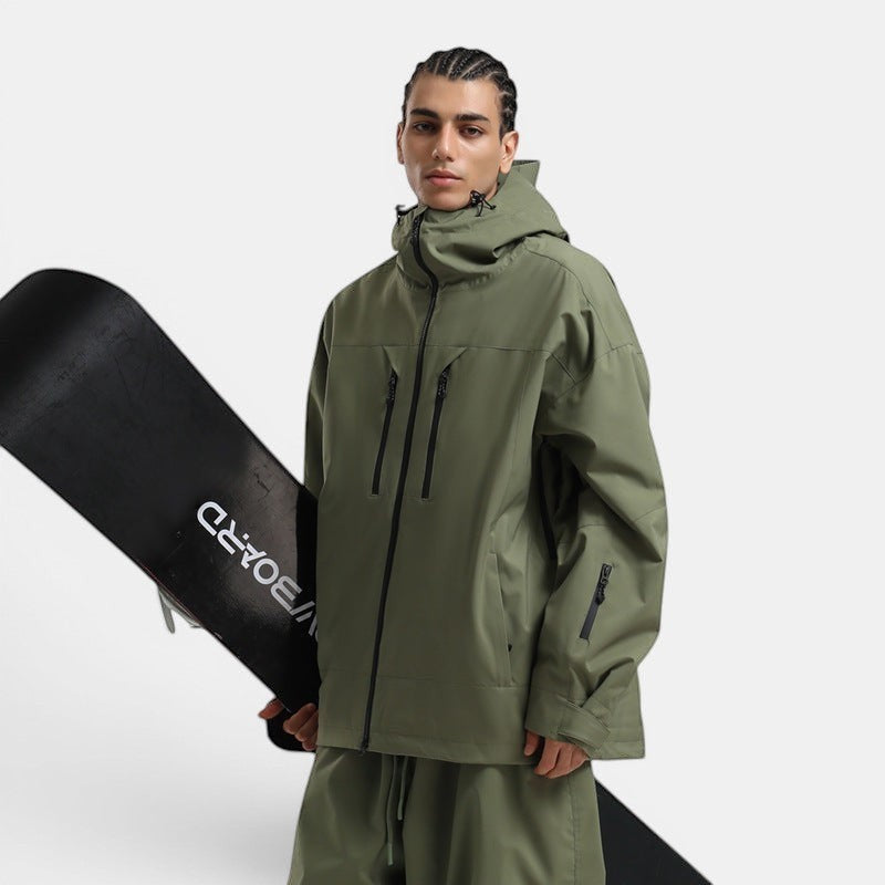 Allzom Men's green waterproof breathable ski jacket with loose fit and zip closure, holding a snowboard.
