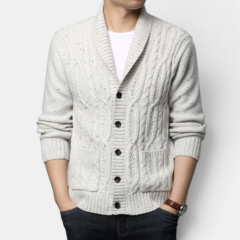 Allzom men's light grey cable knit cardigan with shawl collar and button front. Textured knit with speckled detail.