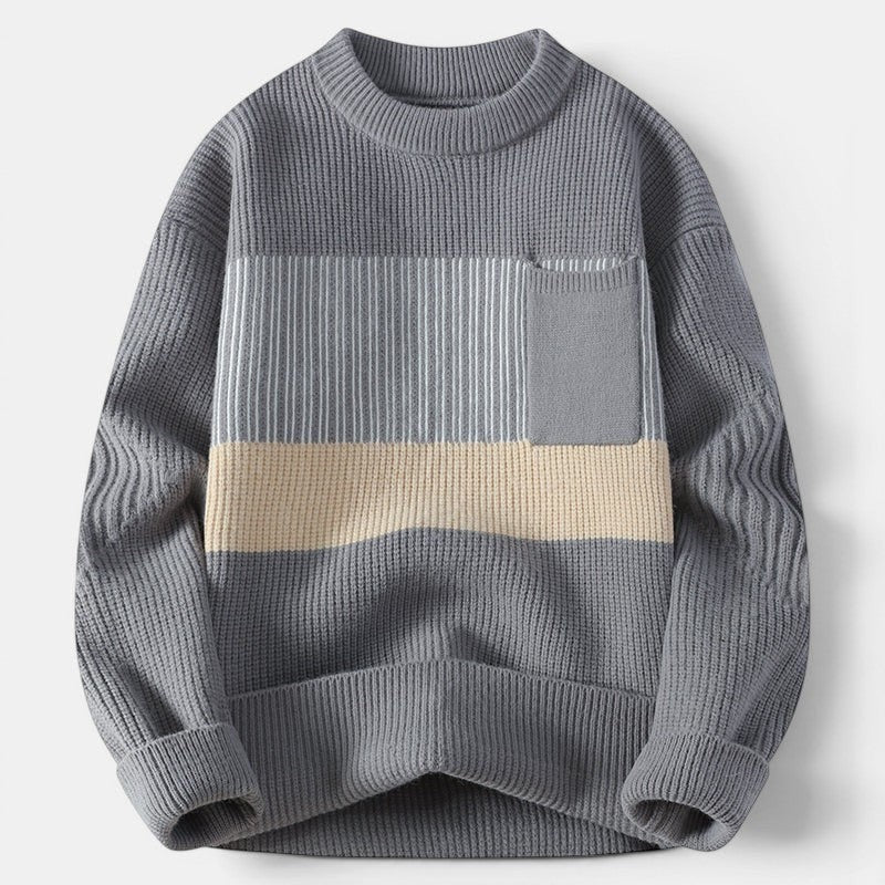 Allzom Men's grey knit coat sweater with cream stripe and chest pocket. Loose fit, autumn/winter.