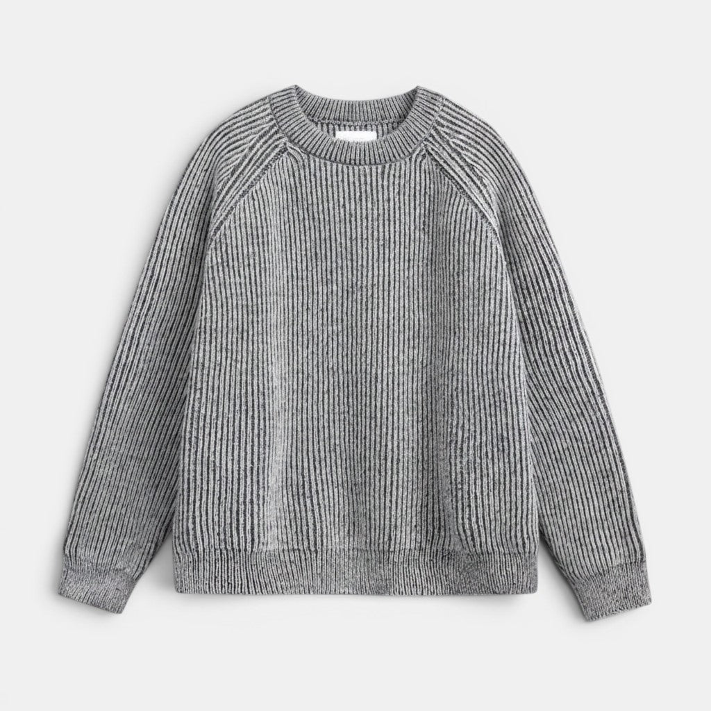 Allzom Men's grey knitted sweater with vertical stripe pattern and round neck.