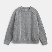 Allzom Men's grey knitted sweater with vertical stripe pattern and round neck.