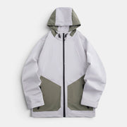Allzom men's light grey and olive green hooded hiking jacket with zip closure and multiple pockets.